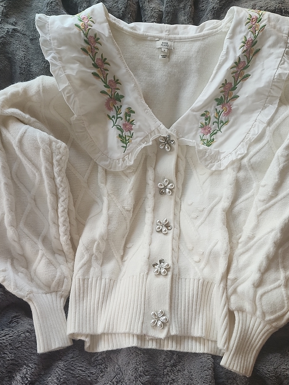 River Island Cream Cardigan with Pink Floral Embroidered Collar